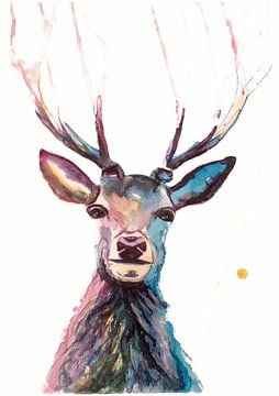 Print van een hert, bijzondere vogel-, bosdier illustratie van Angela Peters