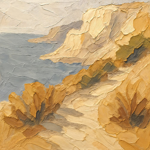 Kalkrotsen langs de kust (AI) (wandelpad, Frankrijk, Engeland, dikke verf, schilderij, abstract, oceaan, vrijheid, natuur)