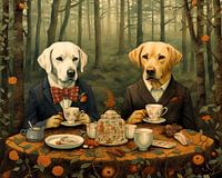 Labradors drinking tea in the forest, dog portrait