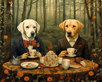 Labradors drinking tea in the forest, dog portrait by Vlindertuin Art