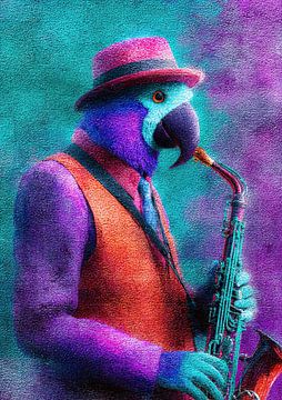 Oiseau bleu jazz avec saxophone et chapeau sur Niklas Maximilian