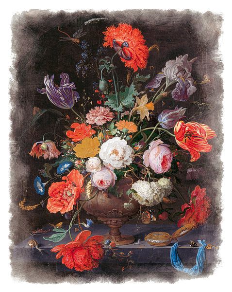 Serie Alte Meister #1 - Stilleben mit Blumen und einer Uhr, Abraham Mignon von Anita Meis