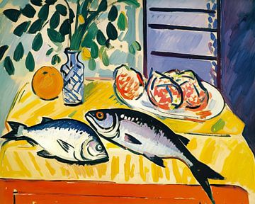 Nature morte colorée dans la salle à manger avec deux poissons sur Vlindertuin Art