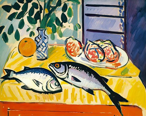 Colourful dining room still life with two fish