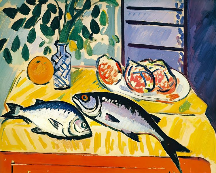 Buntes Esszimmer-Stillleben mit zwei Fischen von Vlindertuin-Art