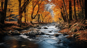 Herbstwald am Morgen mit Fluss