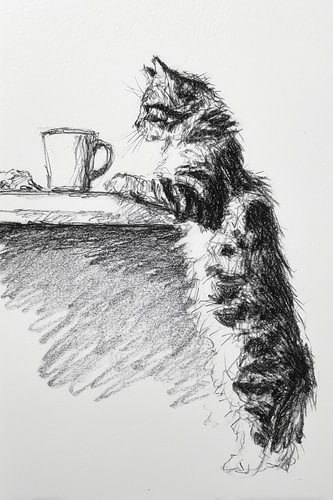 Coffee Break with the Cat | Black-and-white drawing