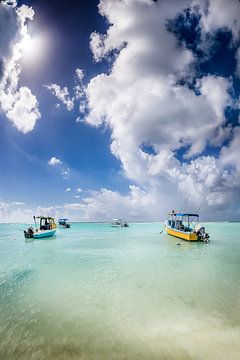 Vissersboten in de turquoise zee in het Caribisch gebied op het eiland Barbados. van Voss Fine Art Fotografie