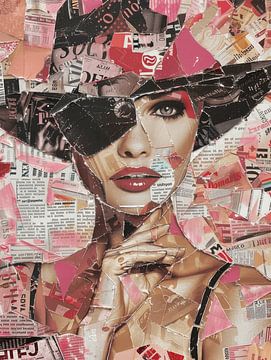 Portret in collage stijl, in roze tinten van Studio Allee