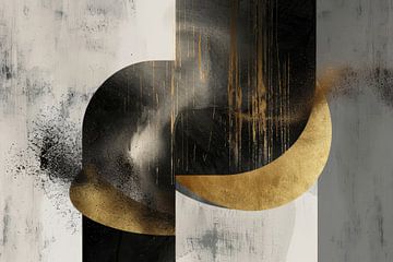 Intriguing work of art in abstract shapes floating dance between gold, black and white by Digitale Schilderijen