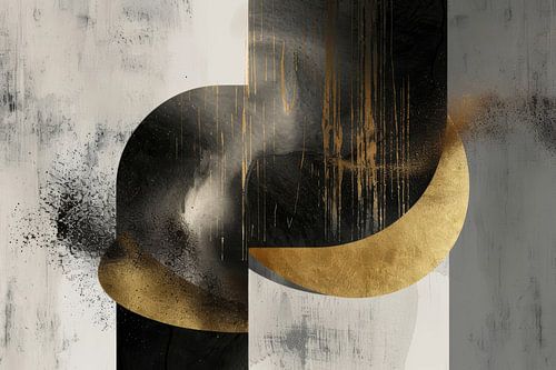Intrigerend kunstwerk in abstracte vormen die dansend tussen goud, zwart en wit zweven