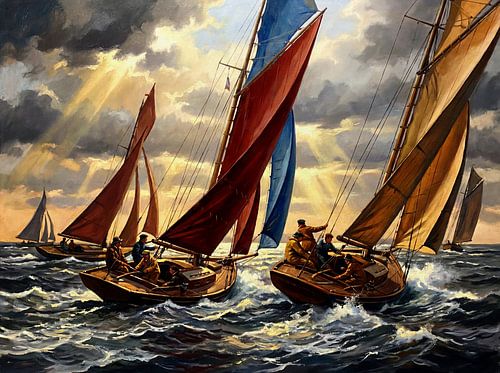 Dynamisch schilderij van een zeilwedstrijd met een dramatische lucht van Jan Keteleer