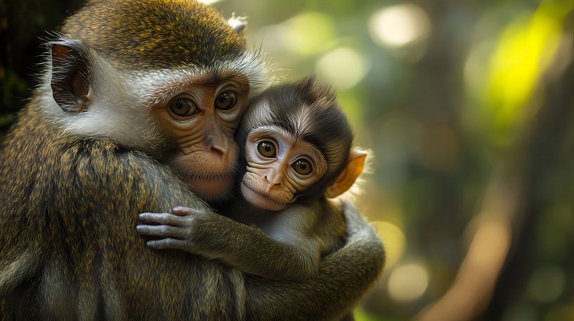 Tender Hug Between Monkey and Baby in the Wild by Lisa Bovenlander