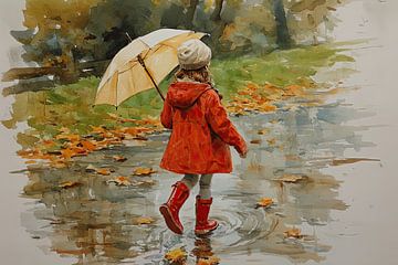 Girl with Umbrella in Autumn - Dreamy painting