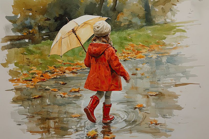 Fille avec parapluie en automne - Peinture de rêve par Dessins et peintures de Peter Pen