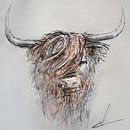 Highlander écossais - œuvre d'art numérique - dessin au stylo à encre de couleur brun gris et bleu par Emiel de Lange Aperçu