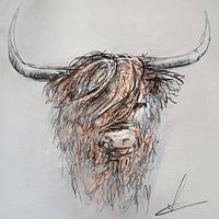 Highlander écossais - œuvre d'art numérique - dessin au stylo à encre de couleur brun gris et bleu