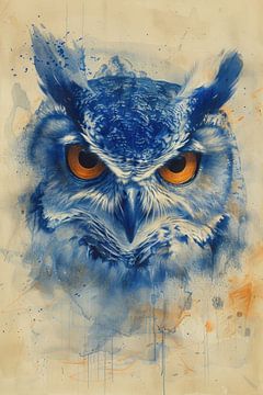 Tekening, chinese inkt, aquarel, uil -2 van Peter Pen tekeningen en schilderijen