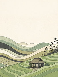 Idyllisches japanisches Teehaus auf dem Land, umgeben von sanften grünen Feldern von my pixel art