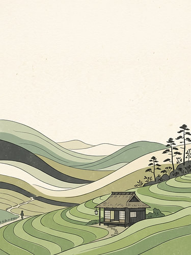 Peaceful Japanese Countryside Tea House Surrounded By Rolling Green Fields