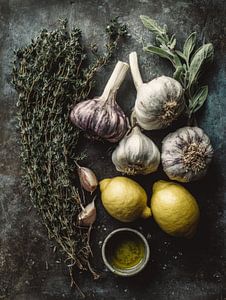 Stillleben Knoblauch, Zitrone und Kräuter