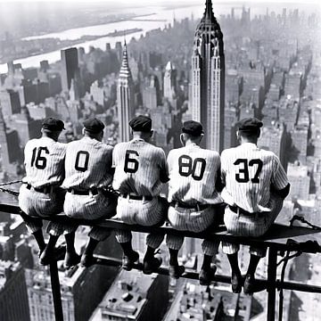 Baseball players atop a Skyscraper