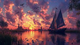 Ölgemälde Polderlandschaft mit Boot von Egon Zitter