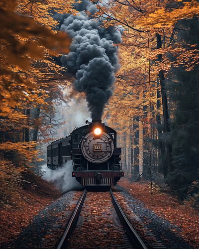 Historic train in the autumn forest