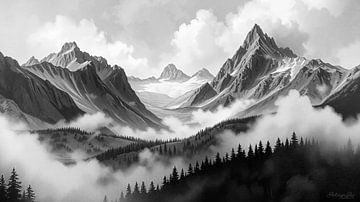 Landschap tussen winter en lente - bergen in een staat van opschorting: gletsjers, bossen en wolken in een dialoog tussen duur en vergankelijkheid van AidasignArt