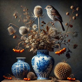 Silence sur porcelaine - fleurs bleues de Delft dans un vase