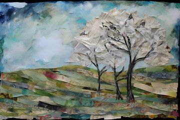 Paysage de papier journal et de peinture acrylique sur Jan Bechtum