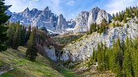 Waterfall and mountain views of Wilder Kaiser in Austria