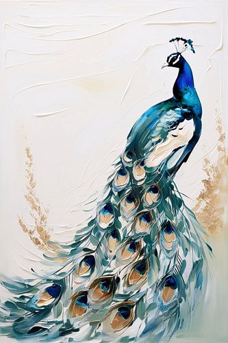 Blauwe abstracte pauw schilderij