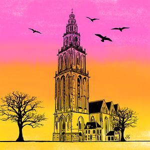 Martini Turm und Martini Kirche Groningen rosa orange gelb
