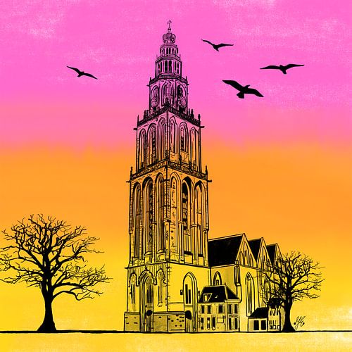 Martinitoren en Martinikerk Groningen roze oranje geel