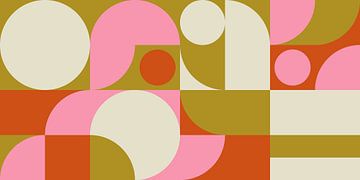 Retro geometrie met cirkels en strepen in roze, mosterd, wit. van Dina Dankers