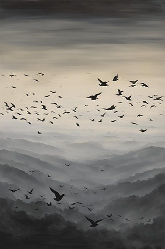 Peinture d'oiseaux dans les montagnes