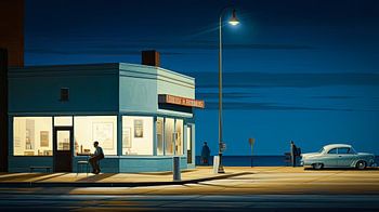 Abendstimmung mit klassischem amerikanischen Diner und Auto