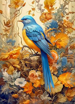 blauwe vogel in bloemenpracht van Thea