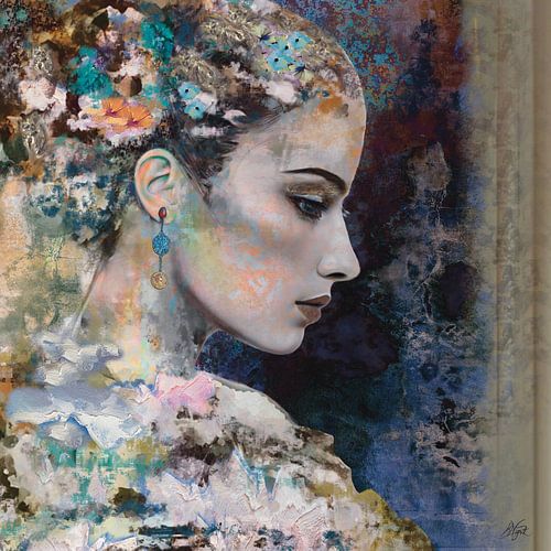Dame met Blauwe Oorbel. Mixed Media techniek