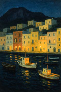 Capri, paysage nocturne et tranquille - Bateaux sous les façades dorées