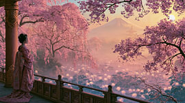 Geisha in Japan bei Sonnenuntergang über dem Fuji von Egon Zitter