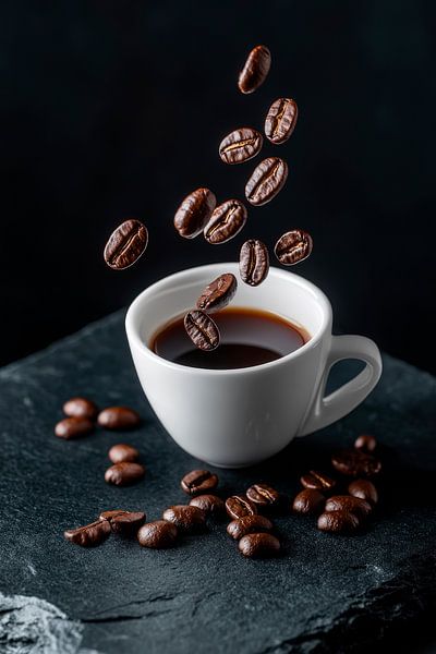 Coffee cup with floating beans by Poster Art Shop