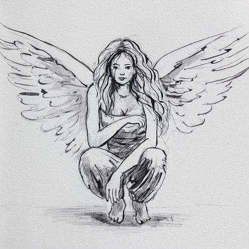 Engel inkt tekening in zwart wit