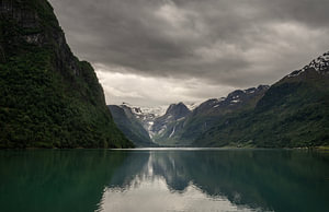 Oldevatnet glacial lake with a view of Jostedalsbreen National Park, Norway