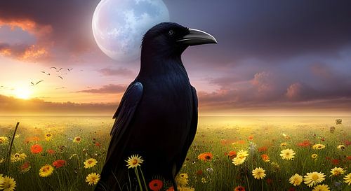 Raaf in veld met bloemen II