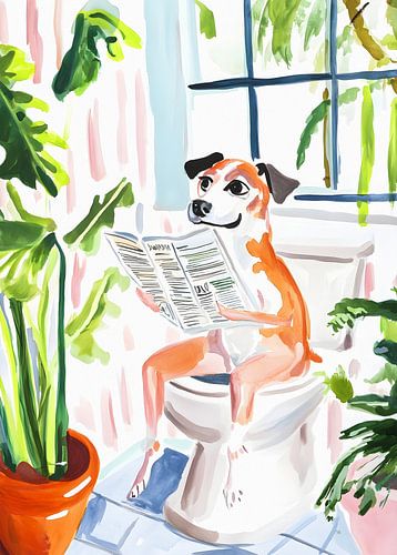 Le chien qui lit sur les toilettes