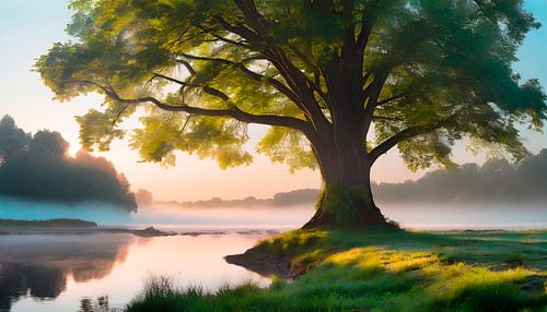 Zonsopgang met mist op de rivier