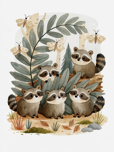 Five little raccoons in the forest – Woodland Friends amongst the branches