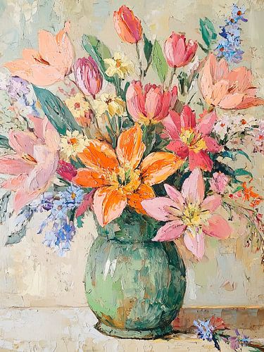 A colourful bouquet rendered in soft brushstrokes